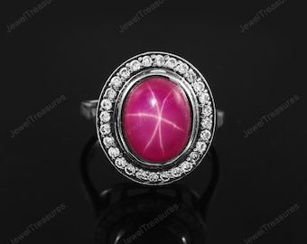 Bague en argent sterling avec rubis étoilé et accents de moissanite : bijoux naturels avec pierre de naissance de juillet
