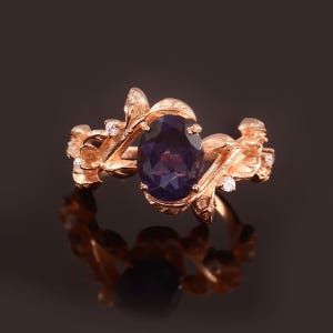 Iolite Flower Ring: Rose Gold Sterling Silver, Art Deco Style Ring