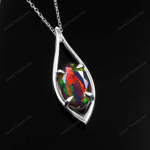 Black Opal Sterling Silver Pendant: Faceted Ethiopian Fire Opal Pendant Necklace