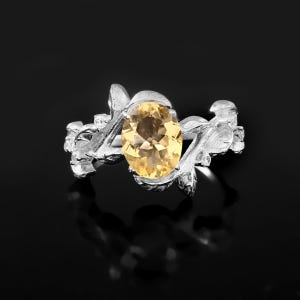 Citrine Ring/ Yellow Citrine Sterling Silver Ring/ Art Deco Leaf Design Citrine Ring/ November Birthstone/ Handmade Ring/ Gift For Love