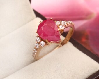 Pear Cut Natural Ruby Ring: Sterling Silver, Simulated Diamonds