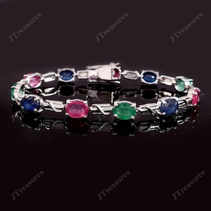 Emerald Ruby Blue Sapphire 925 Sterling Silver Bracelet: Natural Multi Gemstone Handmade Bracelet Gift