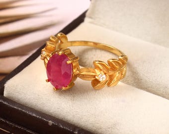 Bague feuille de rubis naturel : bijoux en argent sterling avec pierres précieuses
