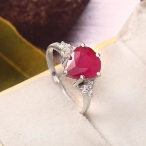 Pear Cut Natural Ruby Ring: Sterling Silver, Simulated Diamonds