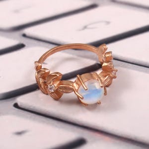 Rainbow Moonstone Ring/ 14k Rose Gold Plated Ring/ Leaf Design Ring/ Art Deco Ring/ Gift For Her/ Anniversary Gift/ Engagement Gift
