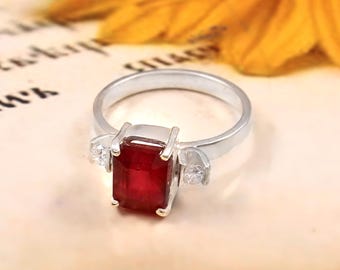 Bague rubis naturel taille émeraude : bague en argent sterling avec pierre de naissance de juillet