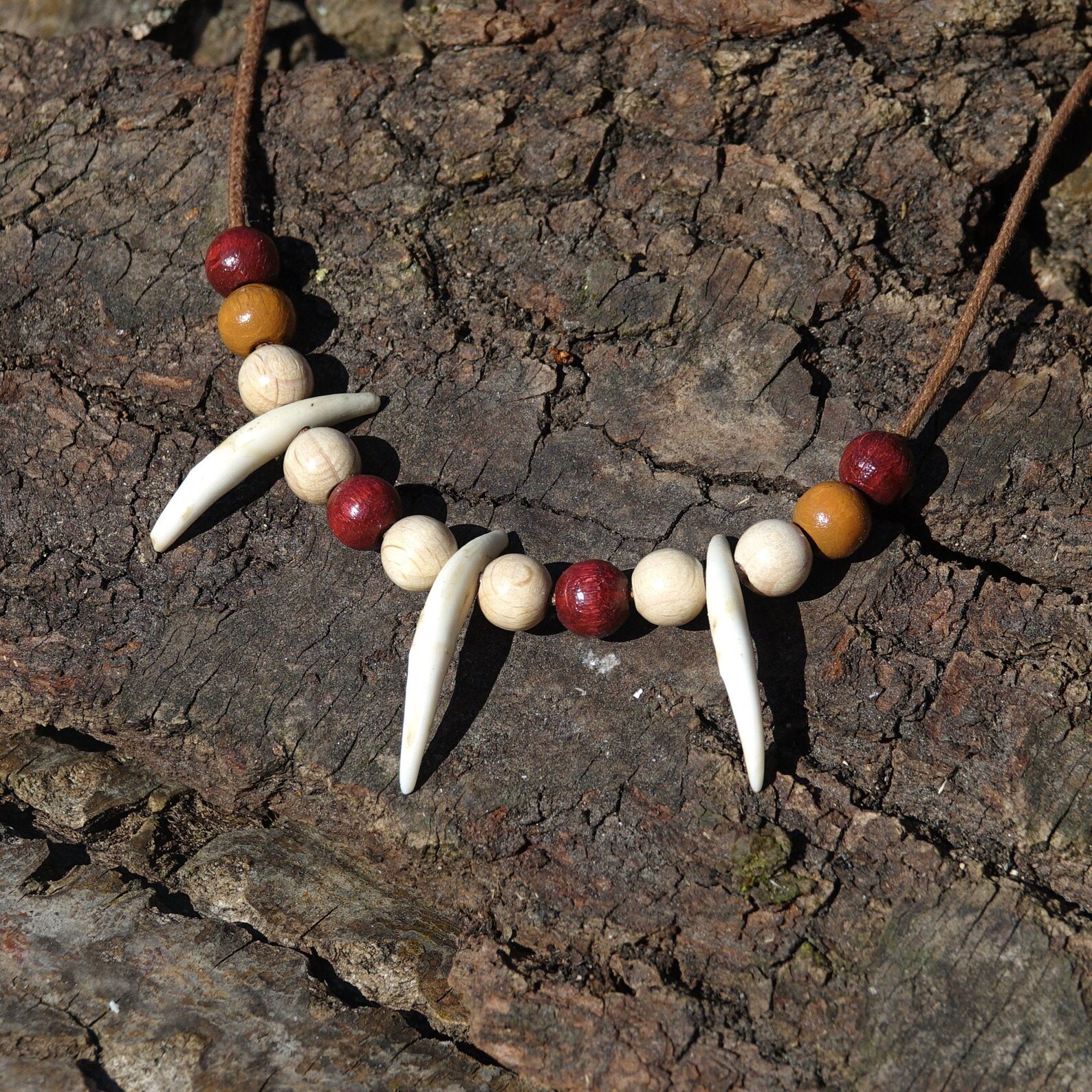 Fox tooth necklace with wooden beads Pendant in Pagan style Etsy