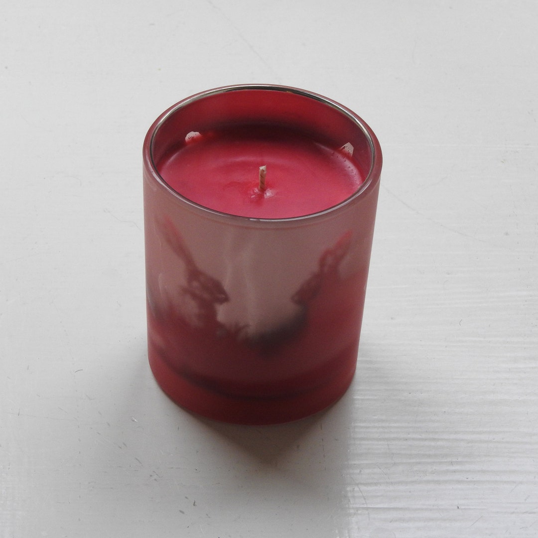 Plum Rose Patchouli Scented, Soy Wax Candle Jar, Silver Hares Rabbits