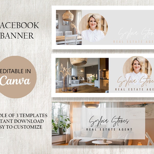 Realtor Facebook Cover Template Editable in Canva, Real Estate Agent Facebook Banner, Interior Designer Photo Template Bundle of 3