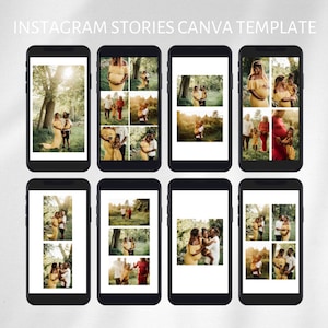 May include: A digital product mockup featuring eight smartphones displaying Instagram Stories Canva templates. Each phone showcases a different layout with family photos in a natural outdoor setting. The text "INSTAGRAM STORIES CANVA TEMPLATE" is at the top.