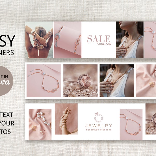 Etsy Banner Template Editable in Canva, DIY Etsy Photo Cover Template, Jewelry Etsy Shop, Branding Kit, Sale Shop Now Logo, Bundle of 3