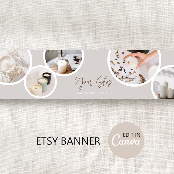 Etsy Banner Template Editable in Canva, DIY Etsy Photo CoverTemplate, Etsy Shop Graphics, Branding Kit, Round Picture Frames