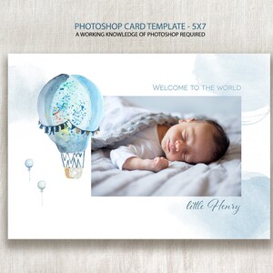 Bienvenido a la tarjeta mundial, anuncio de nacimiento de la foto, plantilla de la tarjeta del niño bebé, plantilla de Photoshop, descarga instantánea digital, azul polvoriento