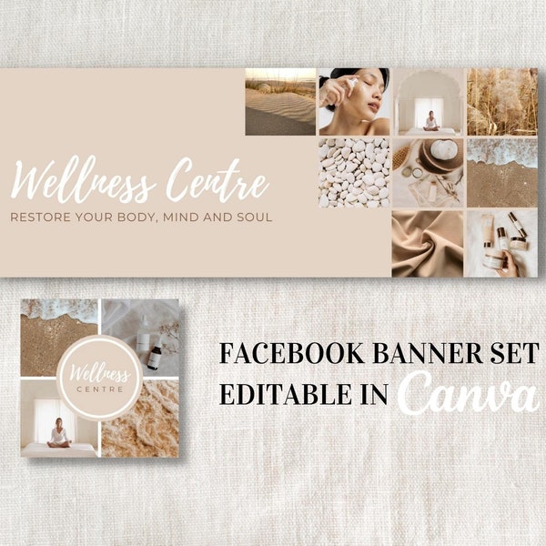 Photo collage facebook banner set with profile picture, templates editable in canva