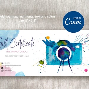 Plantilla de certificado de regalo de fotografía editable con imagen de cámara en acuarela, edítela en Canva e imprímala usted mismo