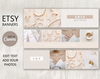 Etsy Banner Template Editable in Canva, DIY Etsy Photo Cover Template, Etsy Shop Graphics, Branding Kit, Sale Shop Now Logo, Bundle of 3