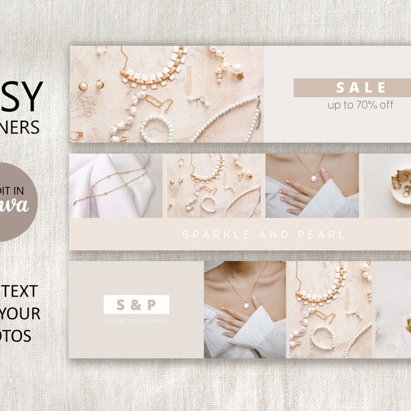 Etsy Banner Template Editable in Canva, DIY Etsy Photo Cover Template, Etsy Shop Graphics, Branding Kit, Sale Shop Now Logo, Bundle of 3