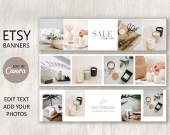 Etsy Banner Template Editable in Canva, DIY Etsy Photo Cover Template, Etsy Shop Graphics, Branding Kit, Sale Shop Now Logo, Bundle of 3