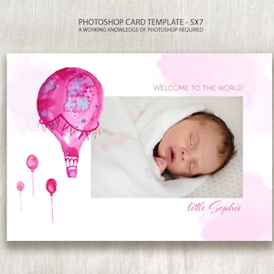 Bienvenido al anuncio de nacimiento con foto mundial, plantilla de tarjeta de Photoshop rosa de niña