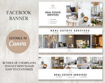 Realtor Facebook Cover Template, Real Estate Banner (Canva Editable, Bundle of 3)