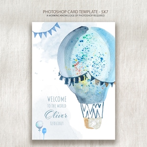 Dusty Blue Birth Announcement Editable Photoshop Card with Balloon Watercolor Illustration