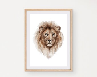 Watercolor Lion Portrait, Safari Animal Print (Digital Download)