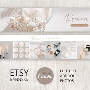 Può includere: Modello di banner Etsy con un collage di immagini di candele, con il testo "Rosemary Handmade Candles" e "Edit in Canva" sul banner.
