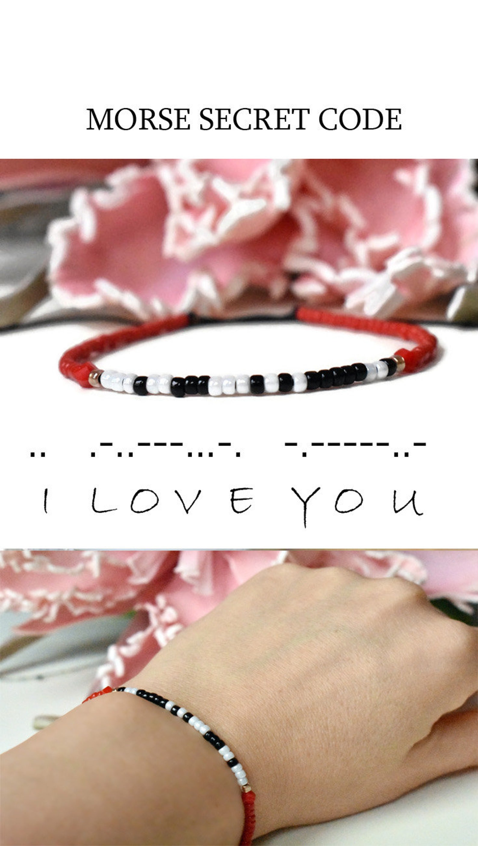 Morse Code Bracelet I love you Bracelet Red white gold Etsy