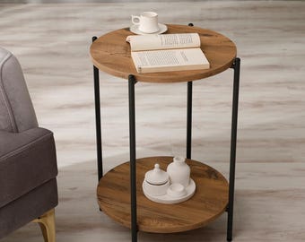 Mesa de centro redonda de dos niveles ABAHome, 44 x 63 cm de alto, para sala de estar, dormitorio y oficina. Estructura de acero, en marrón rústico y antracita.