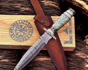 Hand Forged Damascus Steel Athame Dagger, Custom Knife with Sheath, Pagan Ritual Dagger, Fantasy Ceremonial Blade, Anniversary Gift for Him