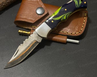 Copper Damascus Pocket Knife Handmade Folding Knife Custom Engraved Anniversary Gift Groomsman Gift Wedding Gift Luxury Gift For Him