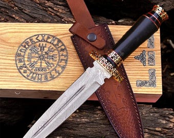 Hand Forged Damascus Steel Athame Dagger | Pagan Ritual Knife with Sheath | Fantasy Ceremonial Blade | Home Decor & Valentine’s Gift for Him