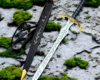 Hand Forged Elven Leaf Sword | Fantasy Long Sword | High Carbon Steel Leather Scabbard | LARP Cosplay Wall Hanging Gift