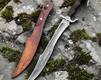 Hand Forged Damascus Steel Shashka Inspired Sword - 28 inch Raindrop Damascus Blade with Sheath | Decorative Collectible Gift for Him