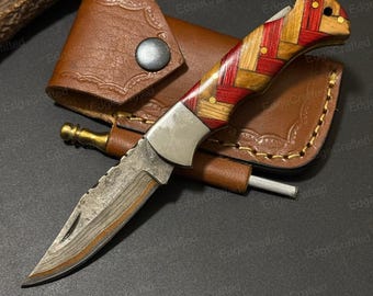 Handmade Copper Damascus Folding Knife: Personalized Gift for Him Rose Wood Handle Anniversary Gift Groomsman Gift Christmas Gifts Folding