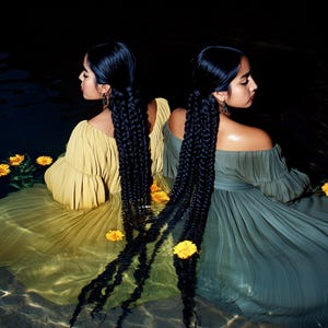 May include: Two individuals with long, dark braided hair sit in water, facing away from the viewer. They wear off-the-shoulder dresses, one yellow and one teal, adorned with yellow flowers. The water reflects the dark background.