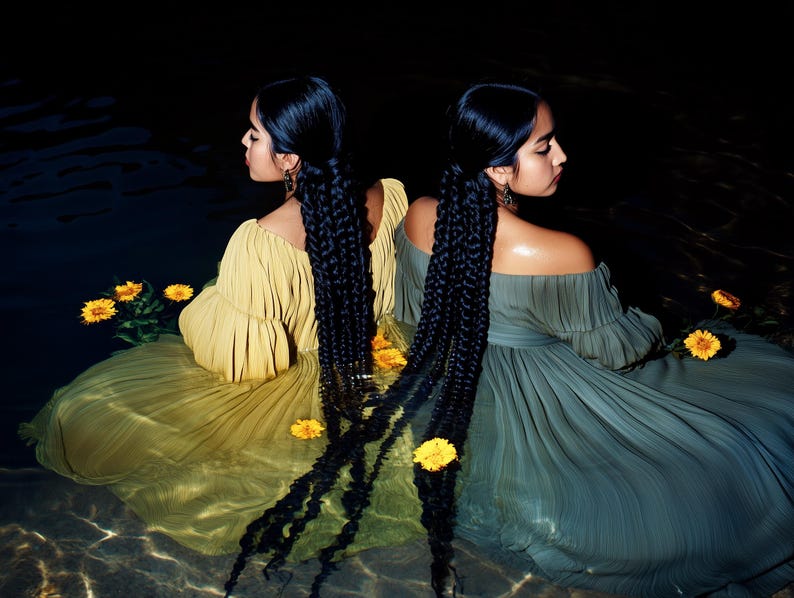 May include: Two individuals with long, dark braided hair sit in water, facing away from the viewer. They wear off-the-shoulder dresses, one yellow and one teal, adorned with yellow flowers. The water reflects the dark background.