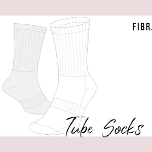 May include: Line drawing of two tube socks. The socks are light grey with ribbed cuffs and a band around the ankle. The text "FIBR." is in the upper right corner, and the words "Tube Socks" are written in cursive at the bottom.