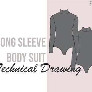 Könnte beinhalten: Technische Zeichnung eines langärmeligen Bodys mit hohem Kragen und Druckknopfverschluss. Der Body ist in zwei Ansichten, vorne und hinten, dargestellt. Der Body ist grau.