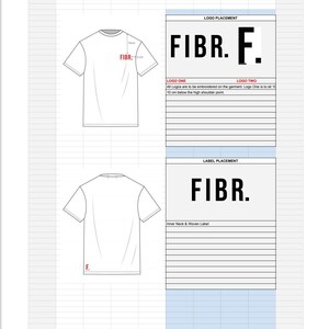 May include: A white t-shirt with a black embroidered logo that says "FIBR. F." on the front and a black embroidered logo that says "FIBR." on the back. The t-shirt also has a woven label that says "FIBR." on the inside neck.