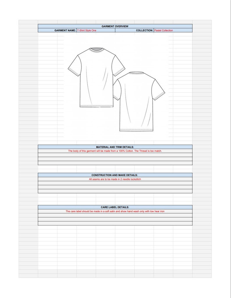 May include: A technical drawing of a t-shirt design with the text "GARMENT NAME: T-Shirt Style One" and "COLLECTION: Pastel Collection". The drawing shows the front and back views of the t-shirt.