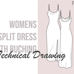 Op de afbeelding: Lijntekening van een gesplitste jurk voor dames met ruches. De jurk heeft een eenvoudig, mouwloos ontwerp met een hoge halslijn en een split aan de voorkant. De jurk wordt in twee aanzichten getoond, een van voren en een van achteren. De tekst "WOMENS SPLIT DRESS WITH RUCHING Technical Drawing" is zichtbaar in de afbeelding.