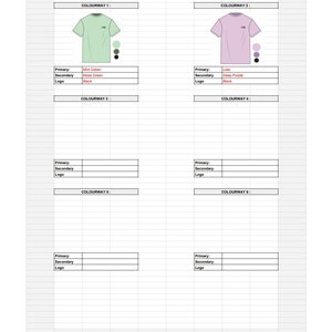 May include: A colorway chart for a t-shirt design. The chart shows six different colorways, each with a primary color, a secondary color, and a black logo. The primary colors are mint green, lilac, white, black, and grey. The secondary colors are moss green, deep purple, and white.