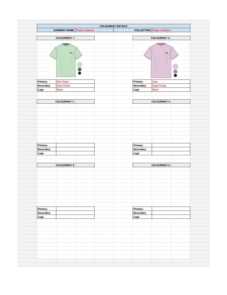 May include: A colorway chart for a t-shirt design. The chart shows six different colorways, each with a primary color, a secondary color, and a black logo. The primary colors are mint green, lilac, white, black, and grey. The secondary colors are moss green, deep purple, and white.