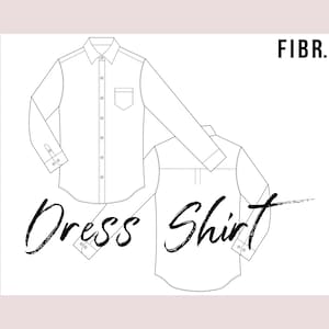 Puede incluir: Dibujo de línea de una camisa de vestir con un bolsillo en el lado izquierdo y un frente abotonado. El texto "Dress Shirt" está escrito en una fuente estilizada debajo de la camisa. El texto "FIBR." está en la esquina superior derecha de la imagen.
