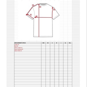 May include: A chart with measurements for a T-shirt style one in different sizes. The chart includes measurements for length, bust, sleeve length, sleeve opening, and sleeve width. The chart is labeled with the sizes XXS, XS, S, M, L, XL, and XXL.