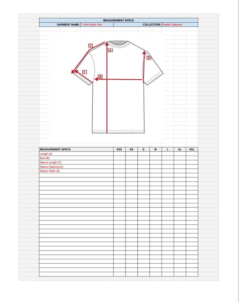 May include: A chart with measurements for a T-shirt style one in different sizes. The chart includes measurements for length, bust, sleeve length, sleeve opening, and sleeve width. The chart is labeled with the sizes XXS, XS, S, M, L, XL, and XXL.