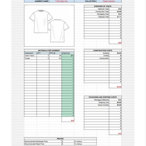 May include: Costing sheet for a T-Shirt Style One garment. The sheet includes materials, construction, packaging, and shipping costs. The garment is a white t-shirt with short sleeves. The total cost is $39.