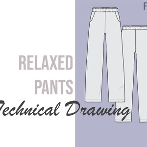 May include: Technical drawing of relaxed pants with a drawstring waistband. The pants are shown in two sizes, one larger than the other. The drawing is on a light purple background with the word "FIBR." in the top right corner.