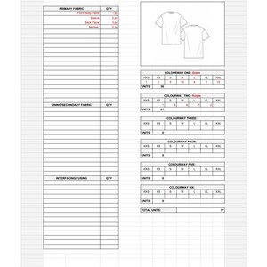 May include: Production breakdown cut sheet for a pastel collection t-shirt. The sheet includes a table with the quantity of fabric needed for each size, from XXS to XXL, and the total number of units needed for each colorway. The colorways are Green, Purple, and three other unnamed colors.